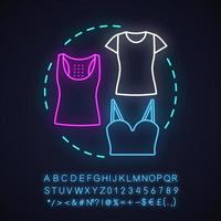 Blouses neon light concept icon. T-shirts and tops. Summer outfit. Casual style. Women's clothes idea. Glowing sign with alphabet, numbers and symbols. Vector isolated illustration
