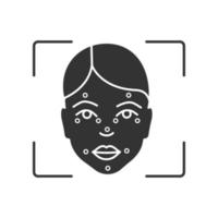 Faceprint analysis glyph icon. Silhouette symbol. Facial markers, points match. Face recognition. Identity confirmation process. Negative space. Vector isolated illustration