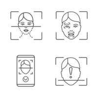 Conjunto de iconos lineales de reconocimiento facial. símbolos de contorno de línea fina. proceso de escaneo facial, marcadores y puntos, aplicación de teléfono inteligente, escaneo de identificación no identificado. ilustraciones de contorno de vector aislado. trazo editable