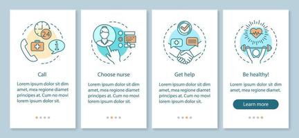 Choose nurse onboarding mobile app page screen, linear concepts. In home care service walkthrough steps graphic instructions. Medical care. Call, get help. UX, UI, GUI vector template, illustrations