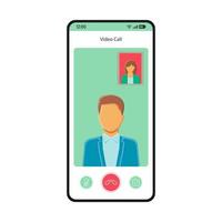 Video call smartphone interface vector template. Mobile app page white design layout. Conference, online video chat screen. Flat UI for application. Mute, decline, change camera. Phone display