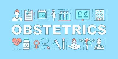Obstetrics word concepts banner. Prenatal care. Pregnancy gynecological examination, childbirth. Ob gyn. Presentation, website. Isolated lettering typography idea, icons. Vector outline illustration