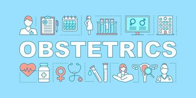 Obstetrics word concepts banner. Prenatal care. Pregnancy gynecological examination, childbirth. Ob gyn. Presentation, website. Isolated lettering typography idea, icons. Vector outline illustration