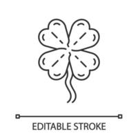 Four-leaf clover linear icon. Thin line illustration. Shamrock. Good luck mascot. Saint Patrick s Day contour symbol. Vector isolated outline drawing. Editable stroke
