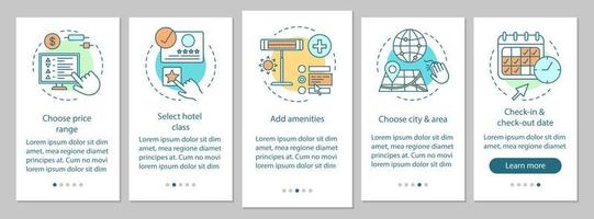 Busque la pantalla de la página de la aplicación móvil de incorporación de hoteles con conceptos lineales. sitio web de reserva de hotel. elija las comodidades de la habitación pasos del tutorial instrucciones gráficas. ux, ui, plantilla de vector de interfaz gráfica de usuario con iconos