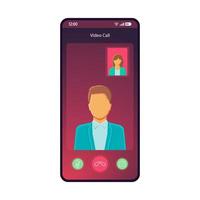 Video call smartphone interface vector template. Mobile app page purple gradient design layout. Online video chat, conference screen. Flat UI for application. Mute, decline buttons. Phone display