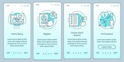 Online dating onboarding mobile app page screen vector template. Register, choose search features, find husband website instructions with linear illustrations. UX, UI, GUI smartphone interface concept