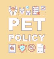 banner de conceptos de palabra de política de mascotas. protección, leyes, prohibiciones, seguros. presentación hotel pet friendly, sitio web. idea de tipografía de letras aisladas con iconos lineales. ilustración de contorno vectorial vector