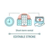 Short-term rental concept icon. Property for short time interval rent. Tenancy period. clock, building, hand hold money. idea thin line illustration. Vector isolated outline drawing. Editable stroke