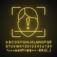 Face ID scan unidentified neon light icon. Facial recognition. Face scan. Permission access rejected. Glowing sign with alphabet, numbers and symbols. Vector isolated illustration