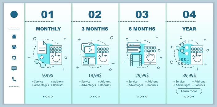 almacenamiento de datos en línea incorporando pantallas de aplicaciones móviles con precios de servicio. plantillas de páginas de sitios web de recorridos. servicio de alojamiento de archivos. Pasos de planes tarifarios. diseño de página web de pago de teléfono inteligente vector