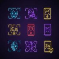 Facial recognition neon light icons set. Biometric identification. Faceprint analysis, face lock scanning, banking, rejection smartphone apps, 3d scanner. Glowing signs. Vector isolated illustrations