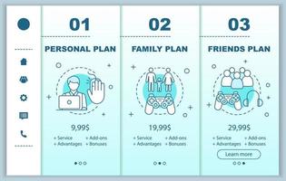 pagar y jugar cuotas de membresía incorporando pantallas de aplicaciones móviles con precios. plantillas de páginas de sitios web de recorridos. Pasos de planes de tarifas de suscripción personal, familiar, amigos. diseño web de pago de teléfono inteligente vector