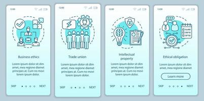 Business ethics onboarding mobile app page screen vector template. Trade union, intellectual property. Walkthrough website steps with linear illustrations. UX, UI, GUI smartphone interface concept