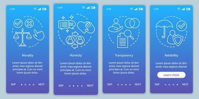 Ethical principles onboarding mobile app page screen vector template. Morality, transparency, reliability. Walkthrough website steps with linear illustrations. UX, UI, GUI smartphone interface concept