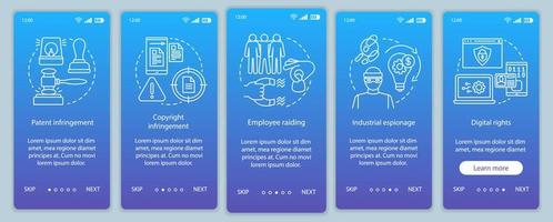 Ethical issues onboarding mobile app page screen vector template. Employee raiding, digital rights. Walkthrough website steps with linear illustrations. UX, UI, GUI smartphone interface concept