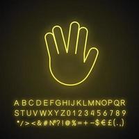 Vulcan salute emoji neon light icon. Live long and prosper hand gesture. Raised hand with part between middle, ring fingers. Glowing sign with alphabet, numbers, symbols. Vector isolated illustration