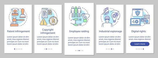 Ethical issues onboarding mobile app page screen vector template. Copyright infringement, digital rights. Walkthrough website steps with linear illustrations. UX, UI, GUI smartphone interface concept