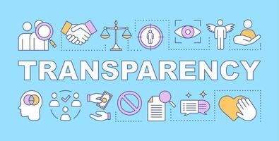 Transparency word concepts banner. Reliability, morality. Business ethics. Openness, fairness. Presentation, website. Isolated lettering typography idea with linear icons. Vector outline illustration