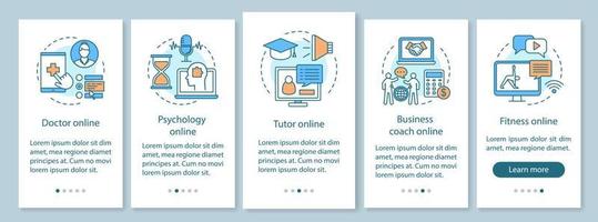 Online services onboarding mobile app page screen with linear concepts. Health, education, coaching walkthrough steps graphic instructions. UX, UI, GUI vector template with illustrations