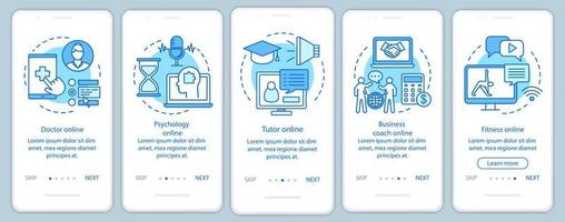 Soporte en línea para la incorporación de la pantalla de la página de la aplicación móvil con conceptos lineales. salud, profesional, ayuda física paso a paso pasos instrucciones gráficas. ux, ui, plantilla de vector de interfaz gráfica de usuario con ilustraciones