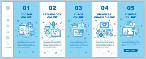 Online services onboarding mobile web pages vector template. Support, consult. Responsive smartphone website interface idea with linear illustrations. Webpage walkthrough step screens. Color concept