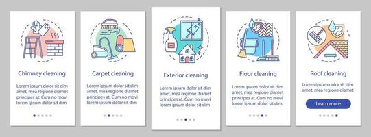 Additional cleaning services onboarding mobile app page screen, linear concepts. Roof, carpet, exterior cleanup. Five walkthrough steps graphic instructions. UX, UI, GUI vector template, illustrations