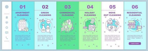 Cleaning services onboarding mobile web pages vector template. Commercial, cleanup. Responsive smartphone website interface idea, linear illustrations. Webpage walkthrough step screens. Color concept