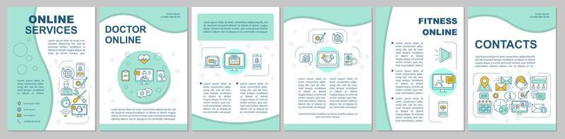 Diseño de plantilla de folleto de servicios en línea. asistencia sanitaria. folleto, folleto, diseño de impresión de folletos con ilustraciones lineales. diseños de páginas vectoriales para revistas, informes anuales, carteles publicitarios vector