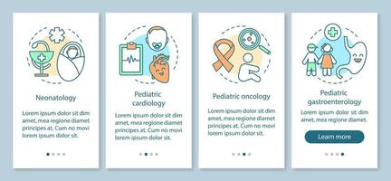 Servicios pediátricos que incorporan la pantalla de la página de la aplicación móvil con conceptos lineales. instrucciones gráficas de pasos de guía de neonatología, cardiología, gastroenterología. ux, ui, plantilla de vector de interfaz gráfica de usuario con iconos