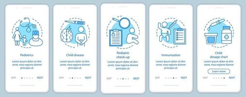 Pantalla de la página de la aplicación móvil de incorporación de pediatría con conceptos lineales. chequeo, enfermedad infantil, inmunización, tabla de dosificación pasos paso a paso instrucciones gráficas. ux, ui, plantilla de vector de interfaz gráfica de usuario con iconos