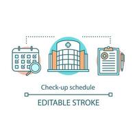 Check-up schedule concept icon. Annual medical exam. Preventive examination appointment. Regular health check up idea thin line illustration. Vector isolated outline drawing. Editable stroke