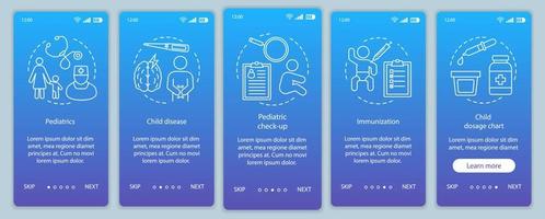 Pediatrics onboarding mobile app page screen vector template. Child disease, immunization, dosage chart. Walkthrough website steps with linear illustrations. UX, UI, GUI smartphone interface concept