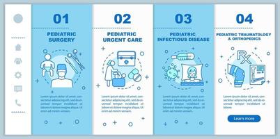 Pediatric service onboarding mobile web pages vector template. Providers, locations. Responsive smartphone website interface idea with illustrations. Webpage walkthrough step screens. Color concept