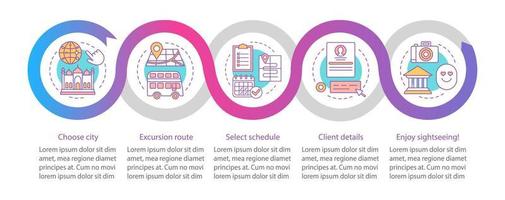 plantilla de infografía de vector de excursión. turismo, escaparate. evento de ruta de la ciudad. elementos de diseño de presentación de negocios. visualización de datos con cinco pasos, opciones. gráfico de la línea de tiempo del proceso. diseño del flujo de trabajo