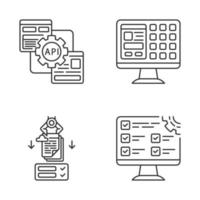 RPA linear icons set. Robotic process automation. API, GUI, testing, form filling. Software robot. Automate workflows. Thin line contour symbols. Isolated vector outline illustrations. Editable stroke