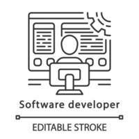 Software developer linear icon. Coder. Software programmer, analyst. IT worker. Employee works at computer. Thin line illustration. Contour symbol. Vector isolated outline drawing. Editable stroke