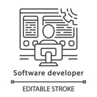 Software developer linear icon. Coder. Software programmer, analyst. IT worker. Employee works at computer. Thin line illustration. Contour symbol. Vector isolated outline drawing. Editable stroke