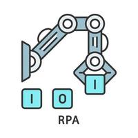 RPA color icon. Industrial robotic arm. Robot manipulator hand collecting cubes. Robotic process automation. Isolated vector illustration