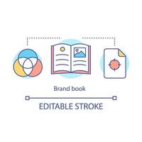 Brand book concept icon. Official company document. Brand management idea thin line illustration. Concepts, attributes, target audience description. Vector isolated outline drawing. Editable stroke