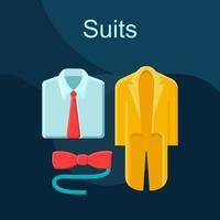 Suits flat concept vector icon. Mens fashion idea cartoon color illustrations set. Formal clothes. Menswear. Clothing store. Shopping. Shirt, bow tie, tuxedo coat. Isolated graphic design element