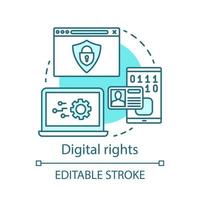 Digital rights concept icon. Intellectual property protection idea thin line illustration. Cyber security. Copyright infringement. Internet hacking. Vector isolated outline drawing. Editable stroke