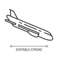 Plane flying down linear icon. Airplane put-down. Jet lowers altitude. Air terminal. Aviation service. Thin line illustration. Contour symbol. Vector isolated outline drawing. Editable stroke