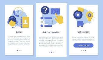 llámenos plantilla de vector de pantalla de página de aplicación móvil. haga una pregunta, obtenga una solución. servicio de atención al cliente. mesa de ayuda. instrucciones del sitio web de diseño plano. ux, ui, gui concepto de dibujos animados de interfaz de teléfono inteligente