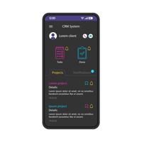 plantilla de vector de interfaz de teléfono inteligente del sistema crm. diseño de la página de la aplicación móvil en negro. proyecto, pantalla de tareas. interfaz de usuario plana para la aplicación de organización de pequeñas empresas. pantalla de teléfono de gestión interactiva