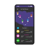 Road trip planner smartphone interface template. GPS navigation mobile app page layout. Auto route planning, destination, location search screen. Travel itinerary. Application flat UI. Phone display vector