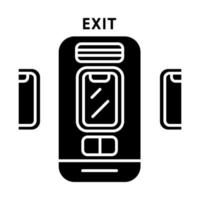 Emergency exit glyph icon. Airplane escape route. Plane safeness. Safe condition sign. Safety measures. Aviation service. Aircraft. Silhouette symbol. Negative space. Vector isolated illustration