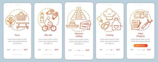 Family activities with kids onboarding mobile app page screen with linear concepts. Bike ride. Five walkthrough steps graphic instructions. Museum visiting. UX, UI, GUI vector template, illustrations