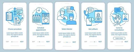 Centro de cirugía plástica que incorpora la pantalla de la página de la aplicación móvil con conceptos lineales. instrucciones gráficas de cinco pasos de tutorial. Programar una cita. ux, ui, plantilla de vector de interfaz gráfica de usuario con ilustraciones