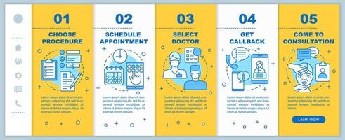 Clinic center appointment onboarding mobile web pages vector template. Responsive smartphone website interface idea with linear illustrations. Webpage walkthrough step screens. Color concept